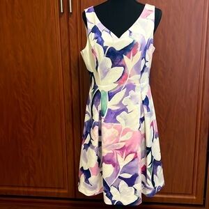 DKNY Floral Fit and Flare Dress Purple Pink White Size 8